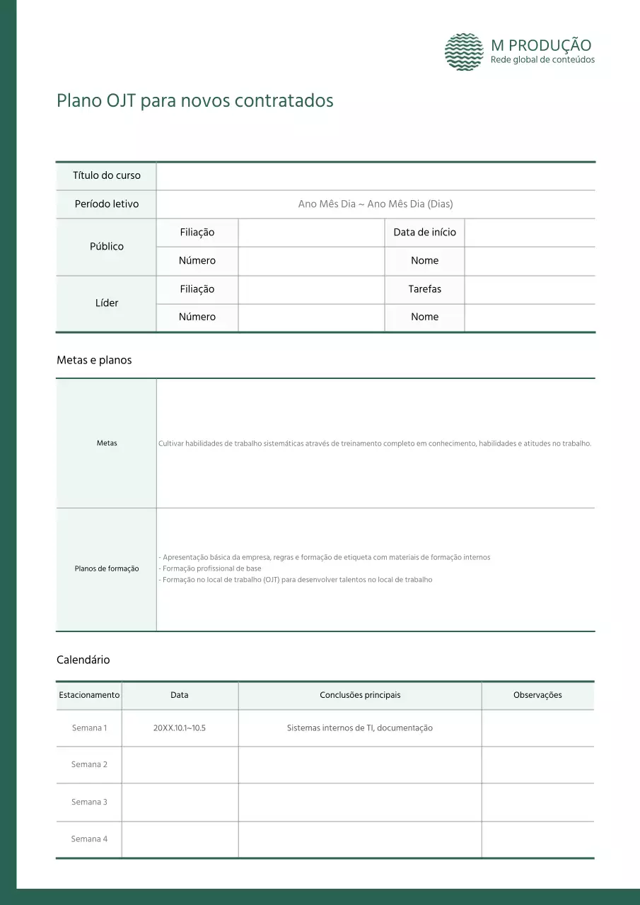 Plano OJT para novos contratados