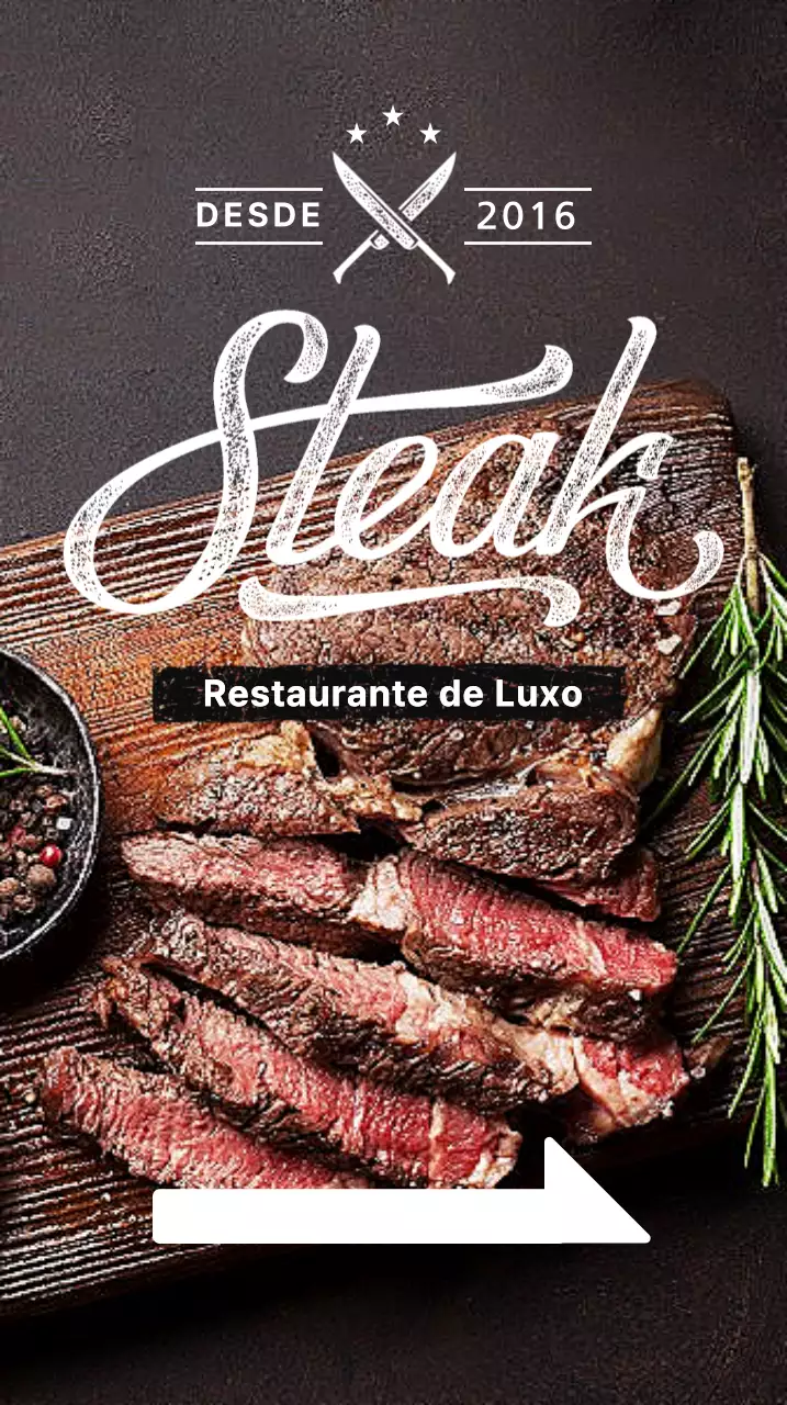 Cartaz de restaurante com uma imagem de um bife sobre um fundo preto