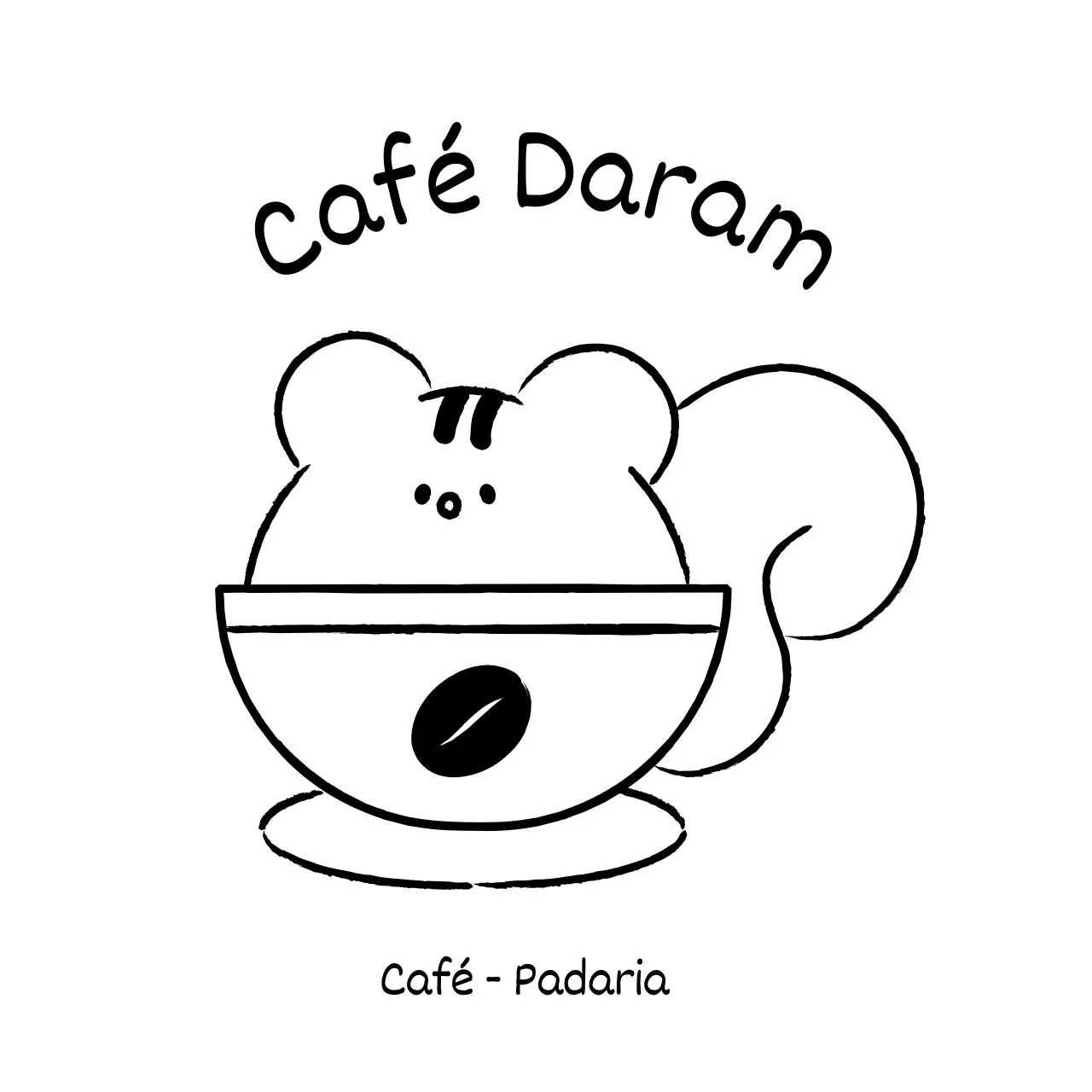 Mercadoria de café com uma ilustração simples e engraçada de um esquilo a preto.