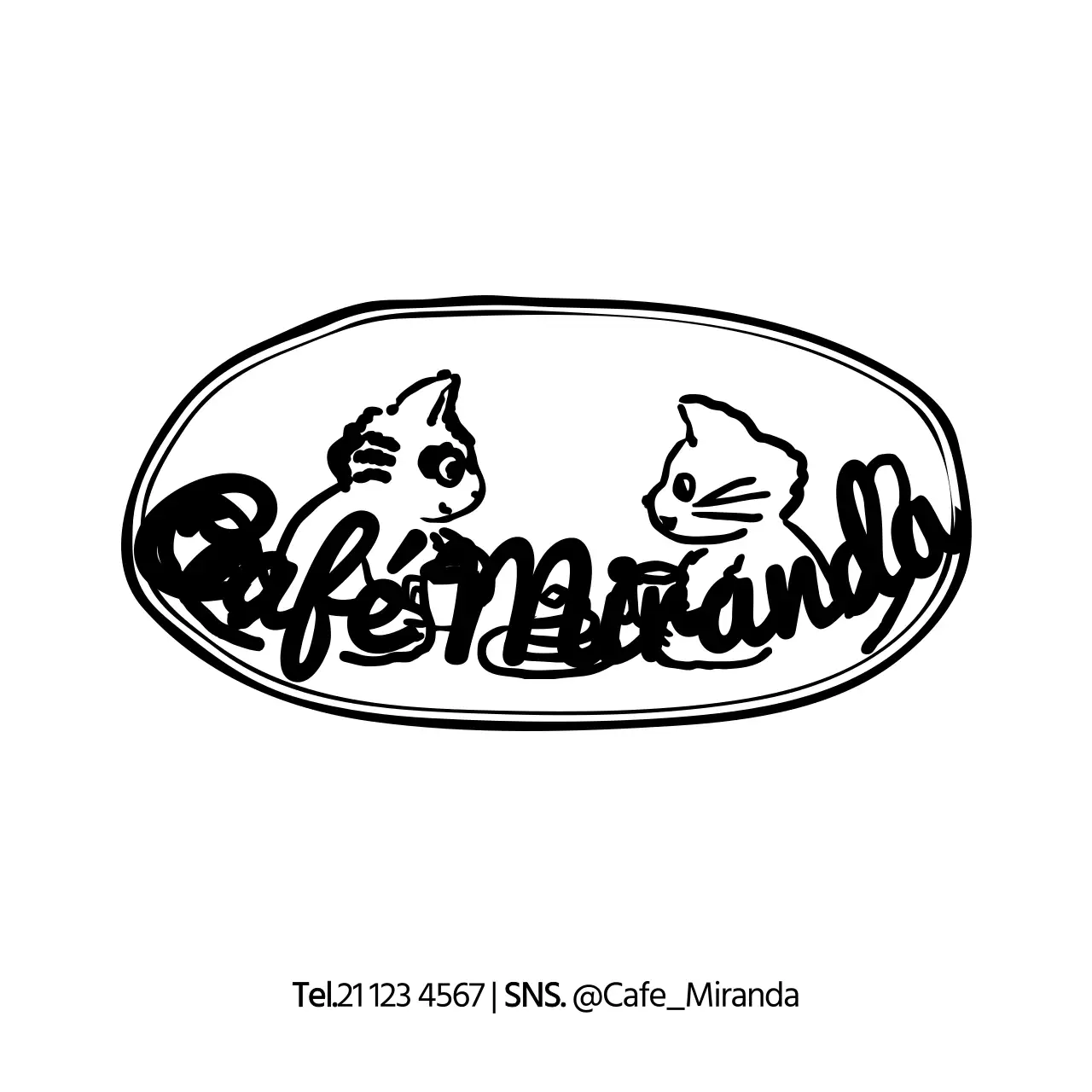Ilustração de um guaxinim e de um gato, com um estilo giro e emotivo, para promover e informar os cafés