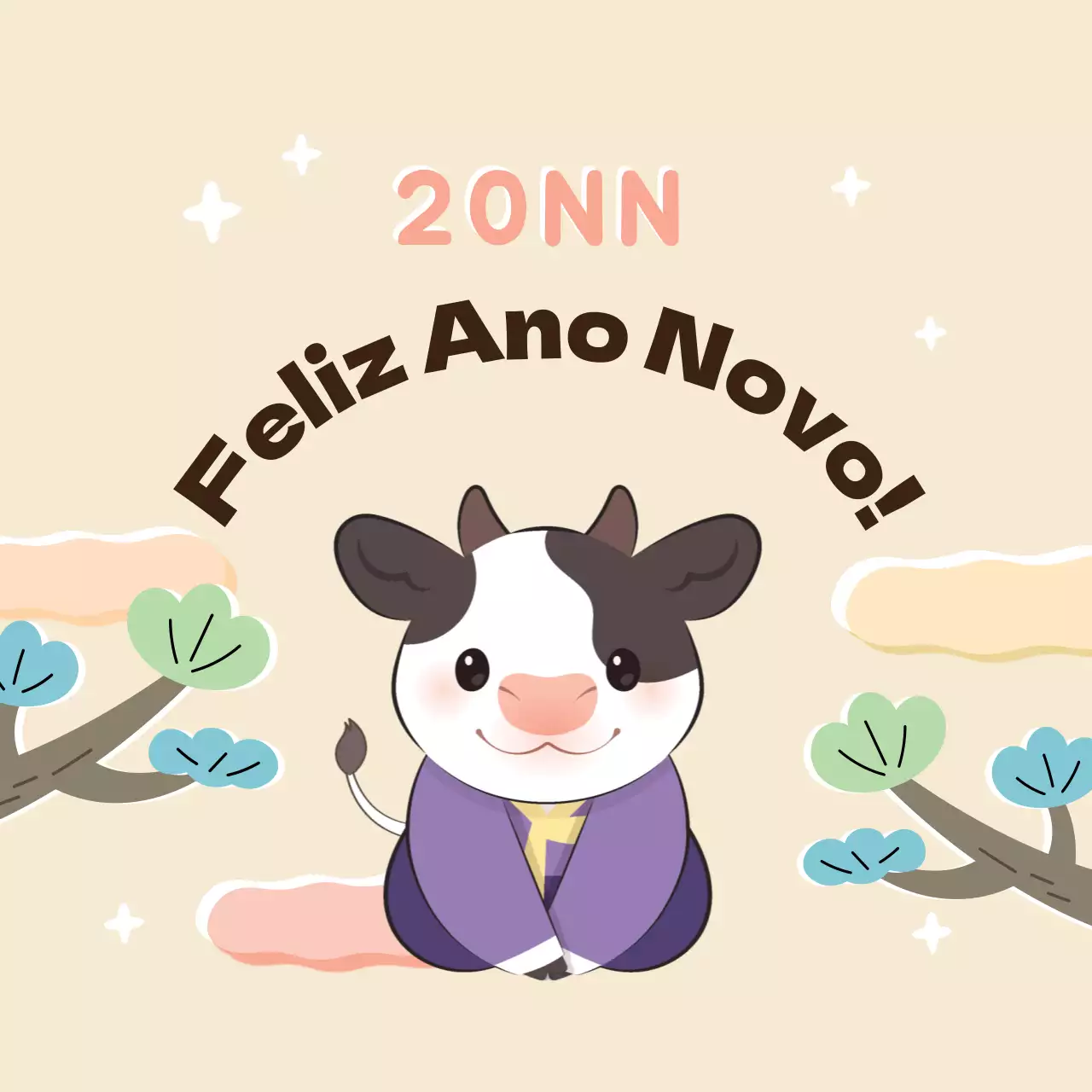 Etiqueta de felicitações de ano novo com ilustração cor-de-rosa e roxa