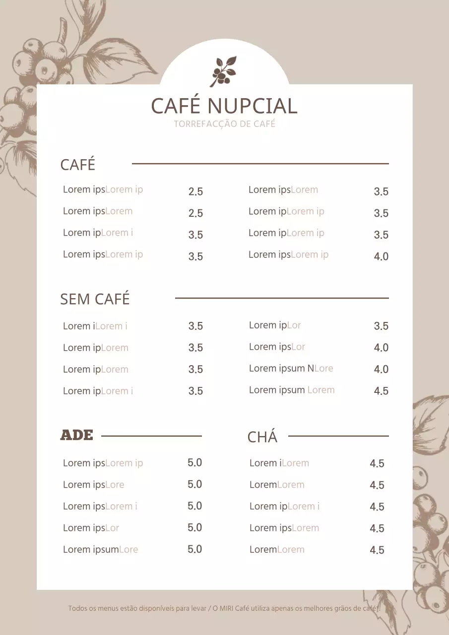 Cartaz de menu de café com ilustração botânica em castanho