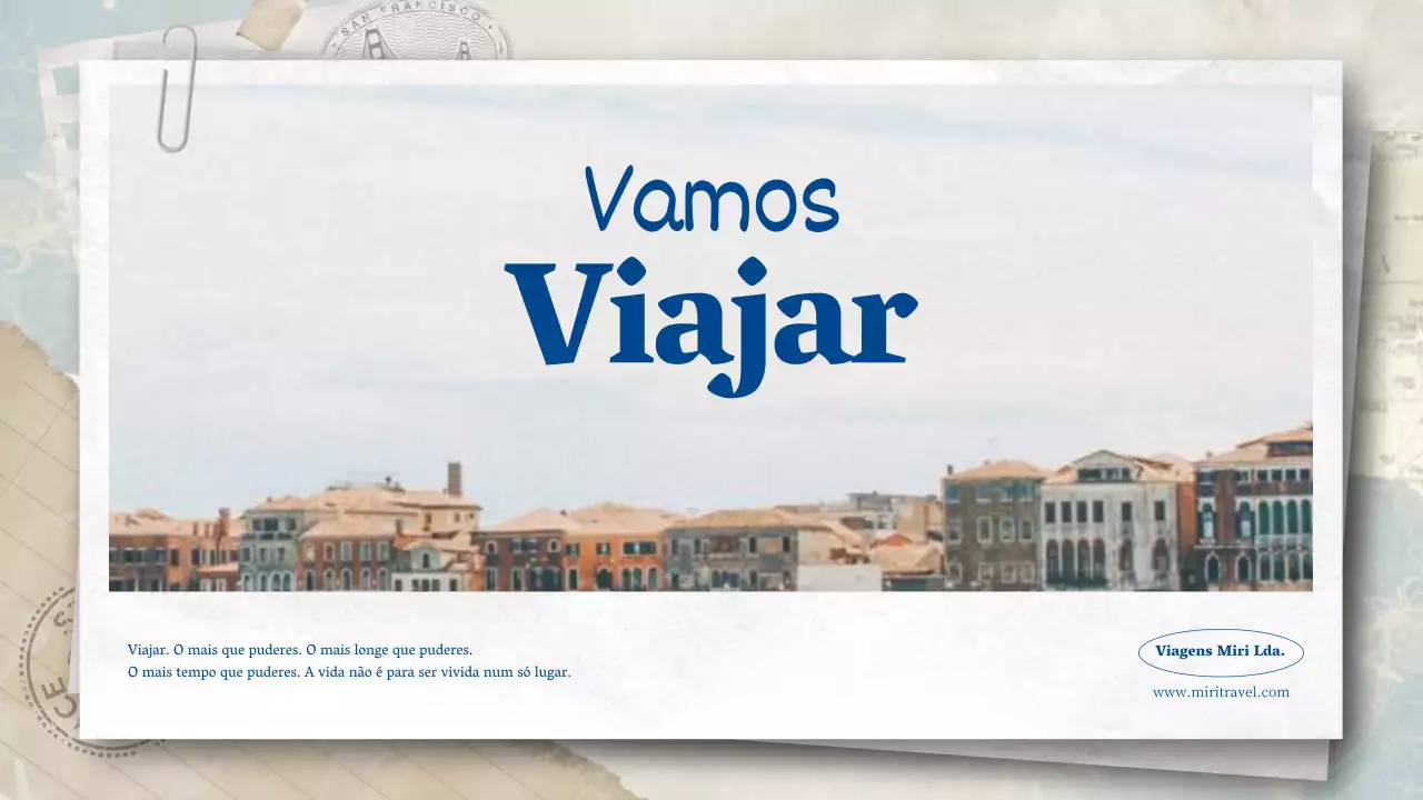 Uma agência de viagens tipo postal em tons azuis e pastel