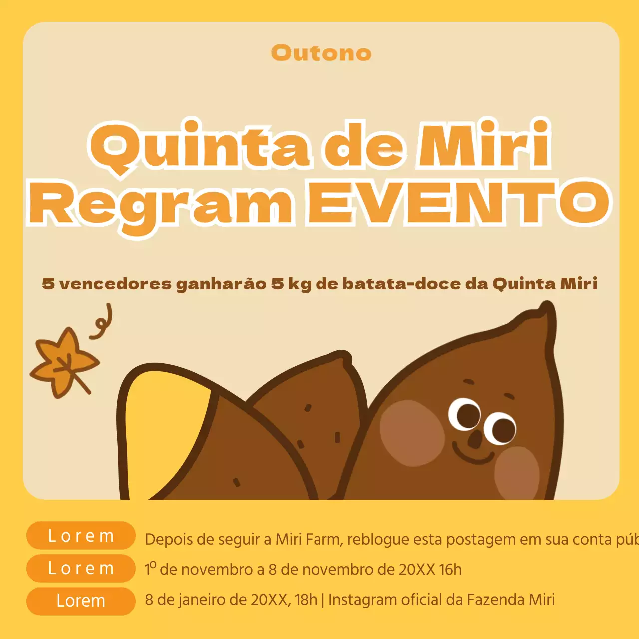 amarelo fofo batata-doce ilustração outono regram evento Instagram redes sociais
