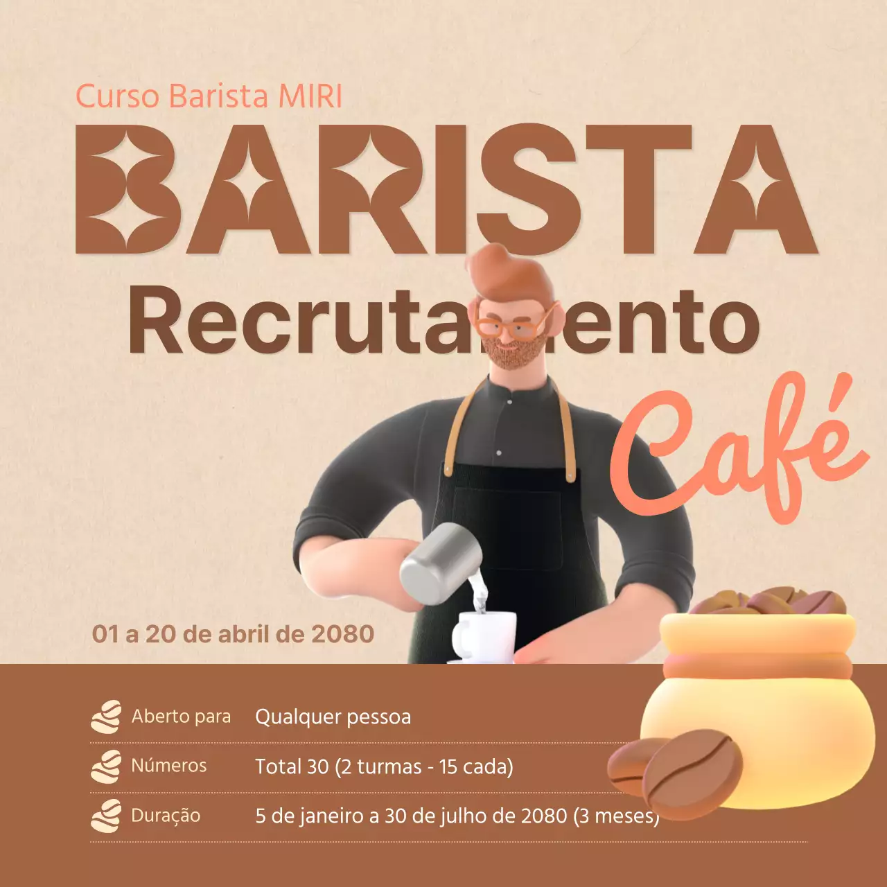 Curso de certificação de barista em tons castanhos suaves com ilustrações 3D