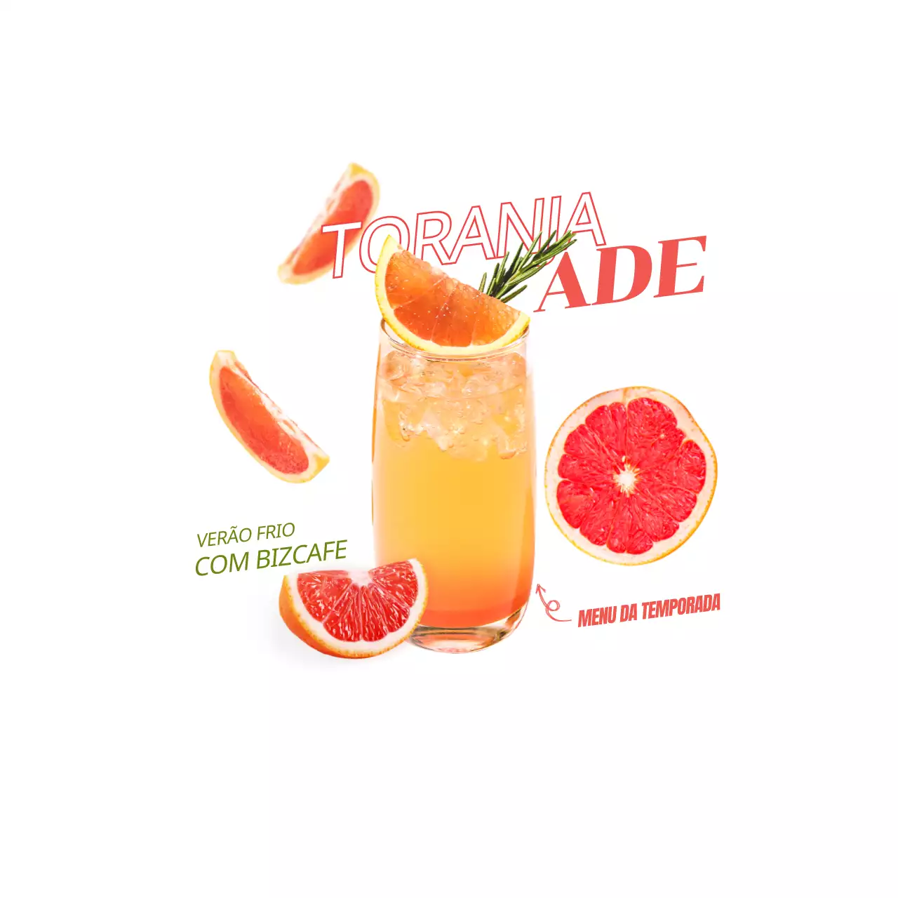 Promover uma bebida com uma imagem de uma toranja e uma bebida de toranja a vermelho.