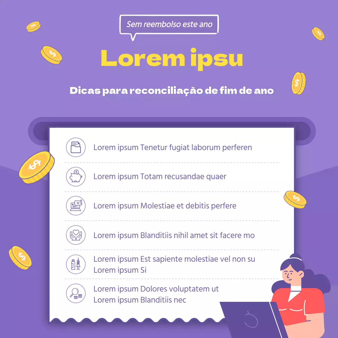 Dicas fiscais de fim de ano realçadas com ilustrações num fundo roxo
