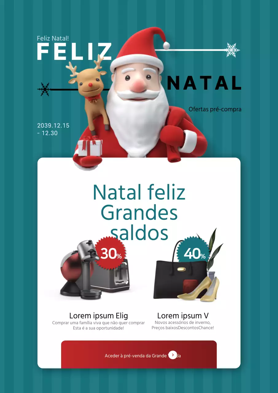 Mercadoria de Natal com personagens turquesa e vermelha do Pai Natal à venda