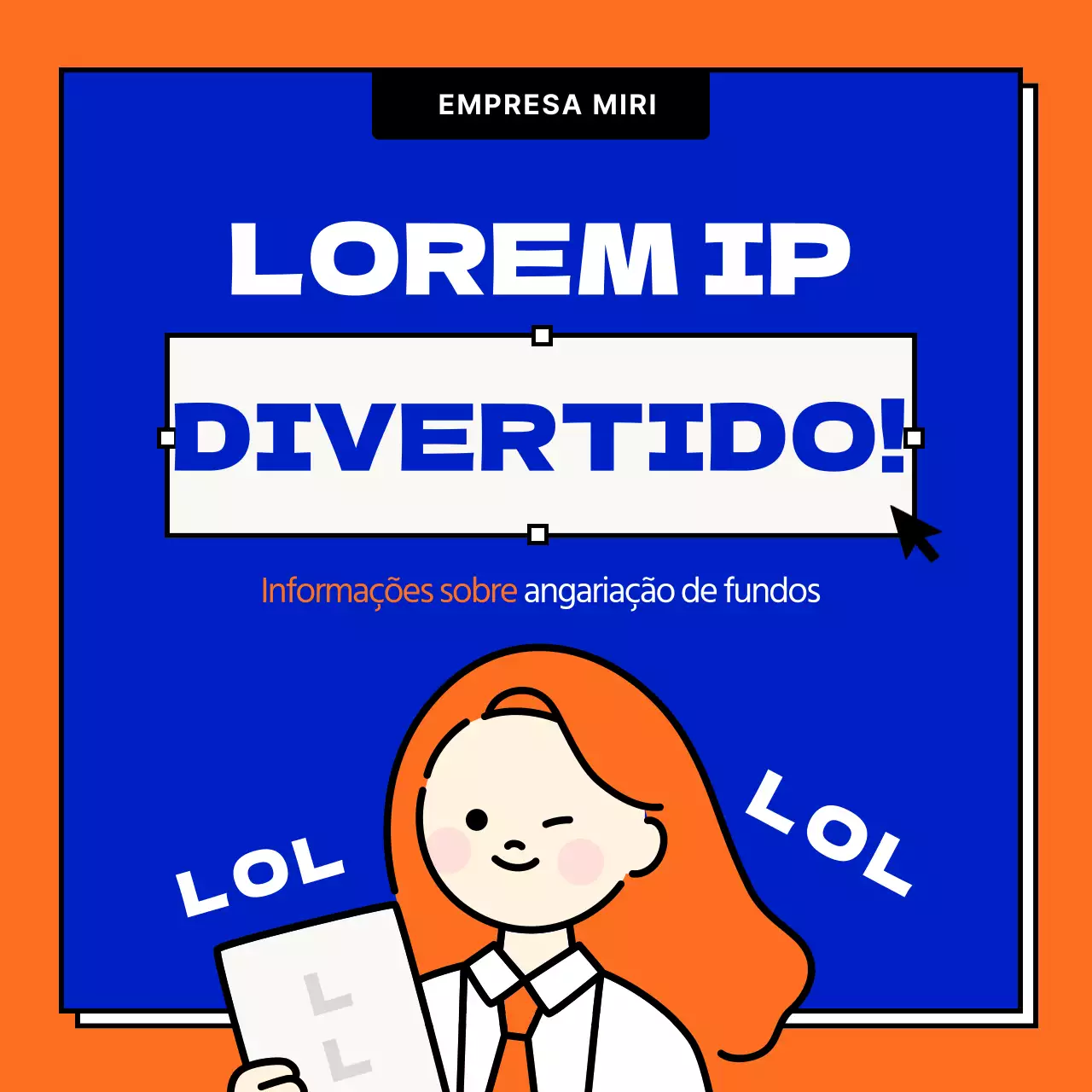 Marketing divertido com moldura quadrada azul e laranja