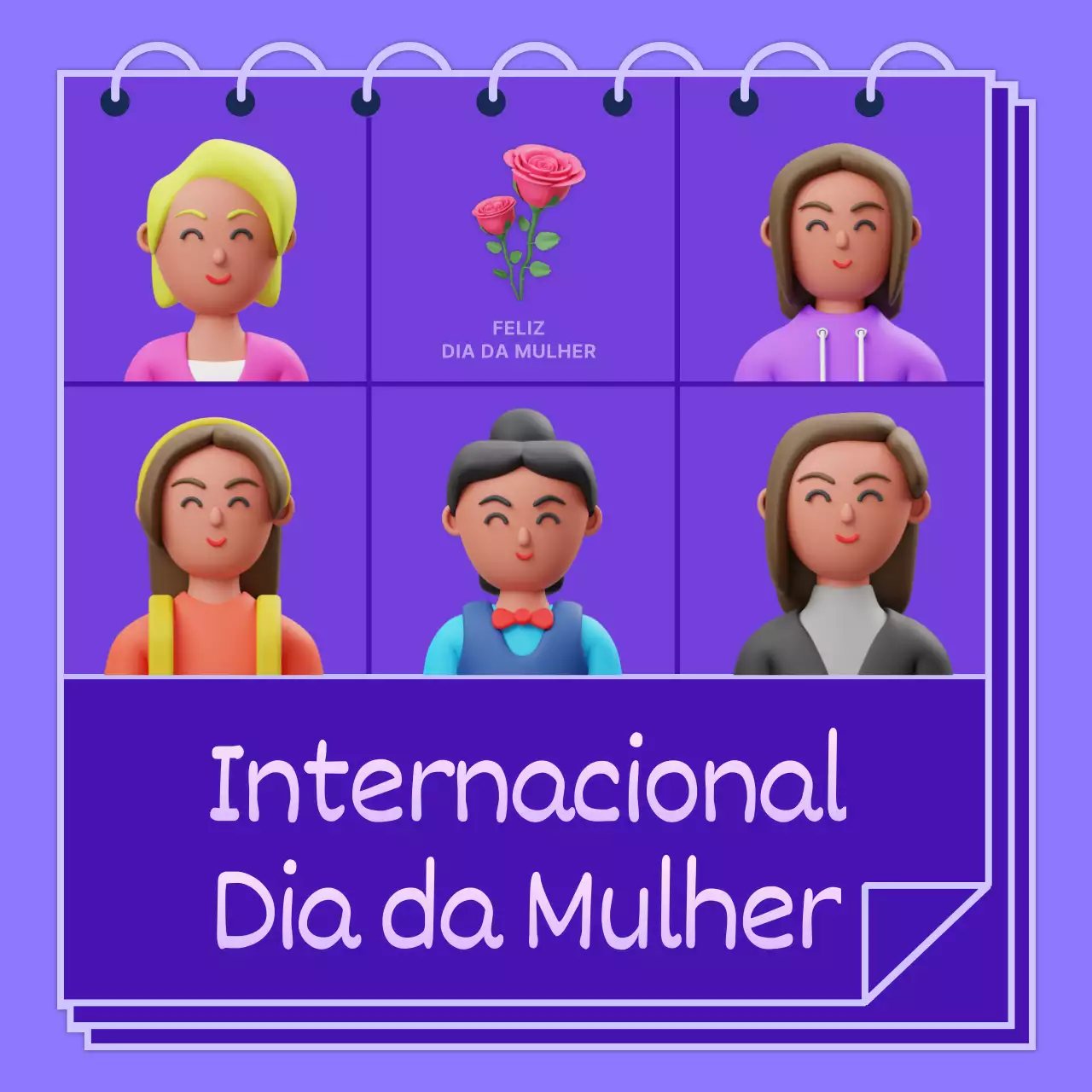 Ilustração púrpura de mulheres de diferentes raças para promover o Dia Internacional da Mulher