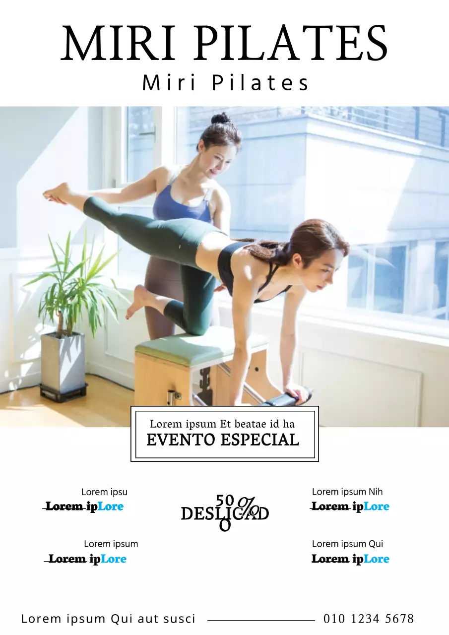 Promoção simples de desconto escolar com uma fotografia a preto e branco de um aluno a fazer Pilates