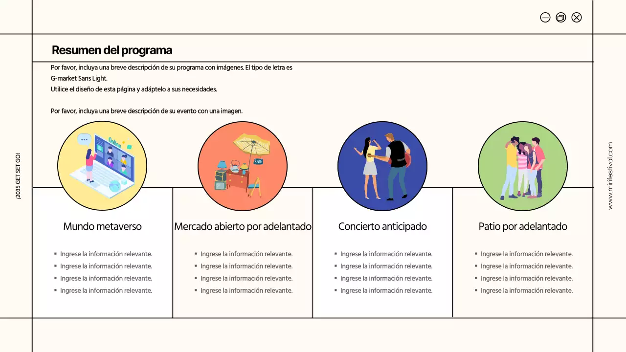 Los marcos de líneas marfil y amarillo realzan la propuesta de festival universitario