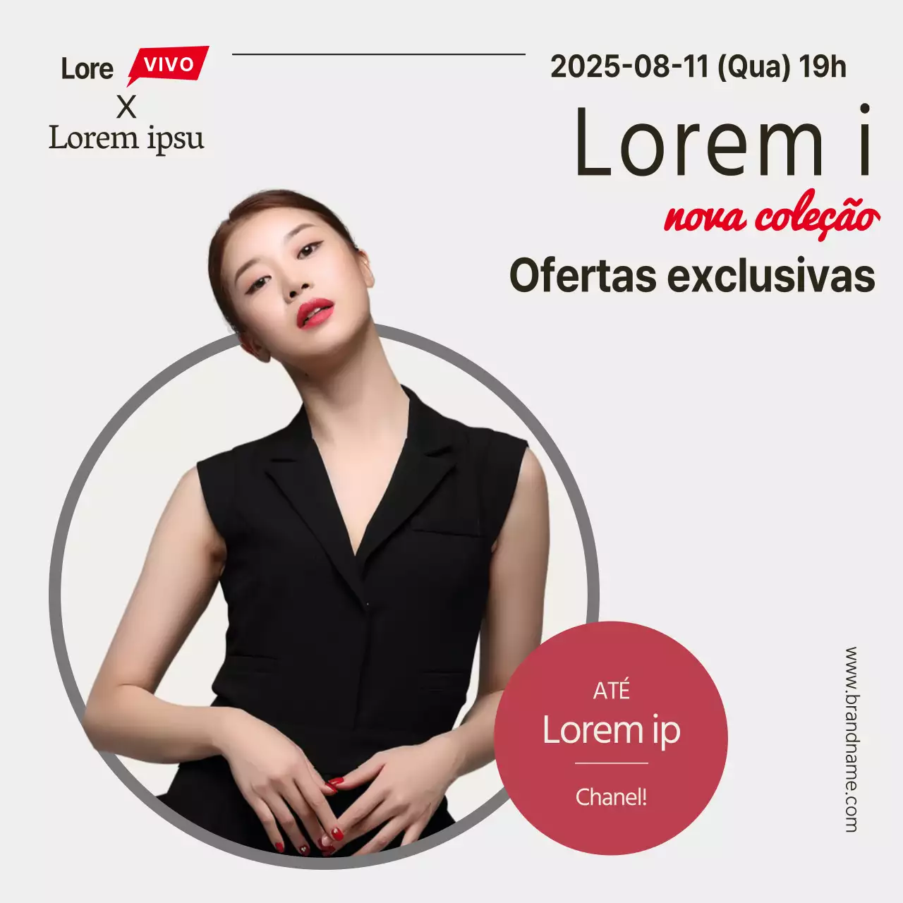 Modelo de uma moldura em cinzento e vermelhoDestaques de moda nas compras em direto