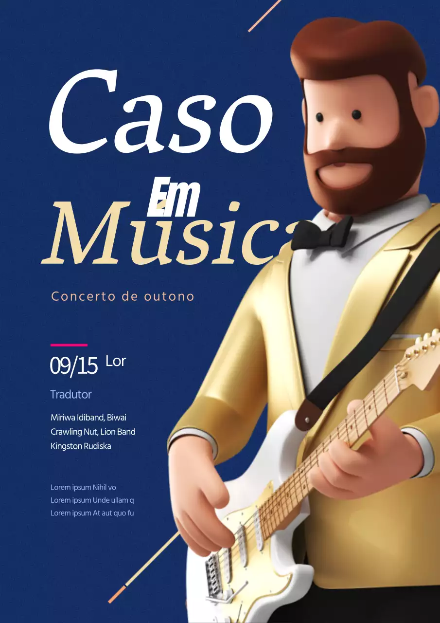 Promover um simples concerto com uma personagem 3D que toca uma guitarra azul-marinho