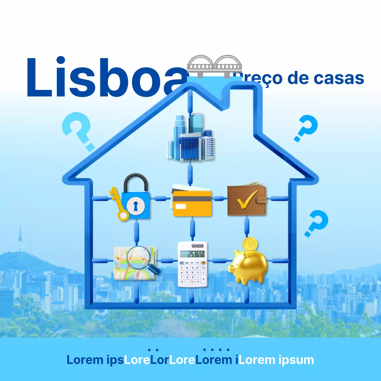 Ícone 3D amarelo azul conceito de peças de montagem para promoção imobiliária de preços de casas em Seul