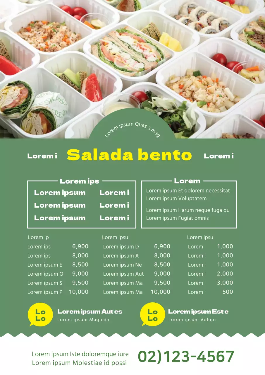 Menu de saladas de um restaurante limpo realçado por uma fotografia verde