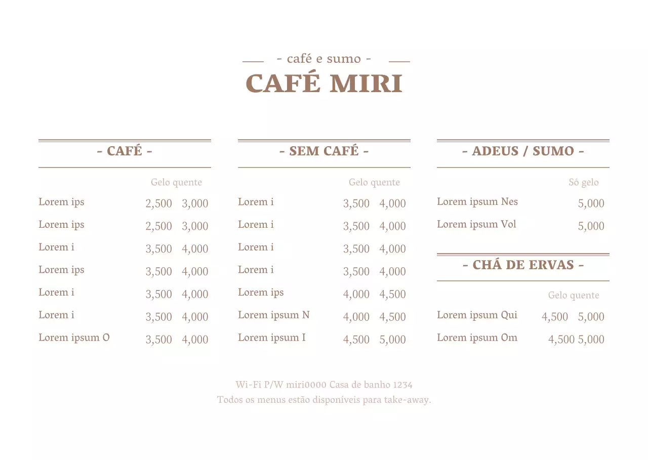 Um conceito de menu de café limpo, branco e castanho, com uma lista de preços.