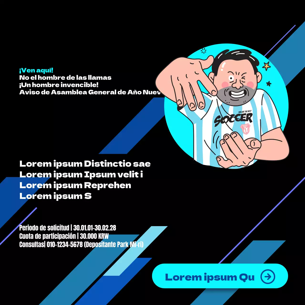 Anuncio de reunión general de Año Nuevo para el equipo de fútbol del tío azul y negro con un divertido concepto de ilustración