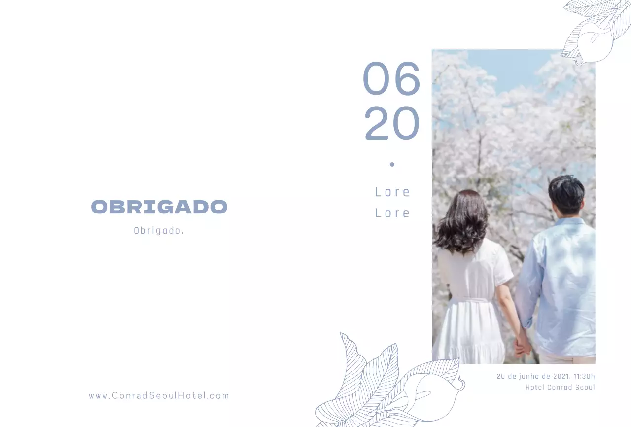 Convite de casamento simples com ilustrações em azul claro