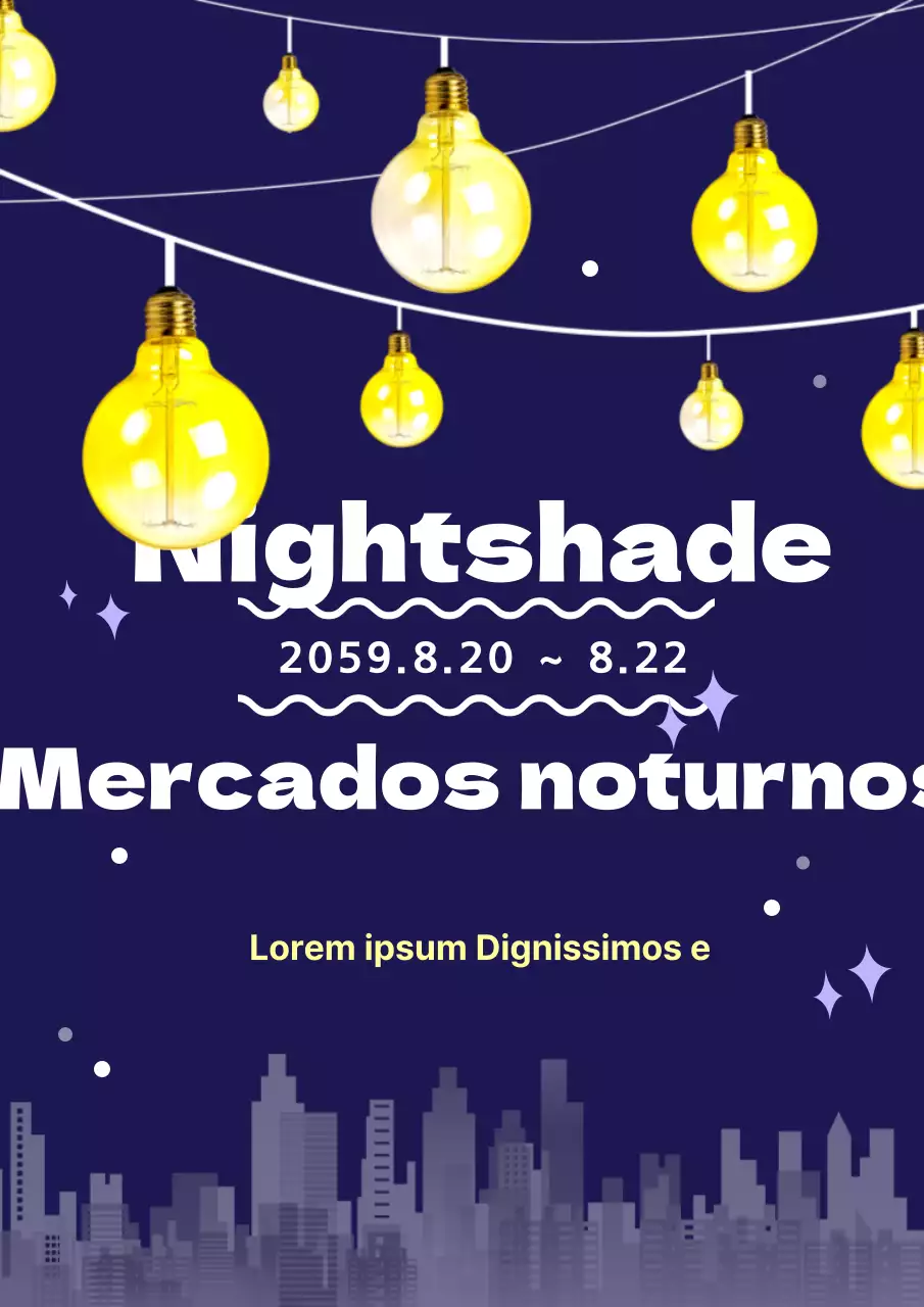 Promoção de um mercado noturno com lâmpadas azuis e amarelas e uma ilustração de uma cidade à noite