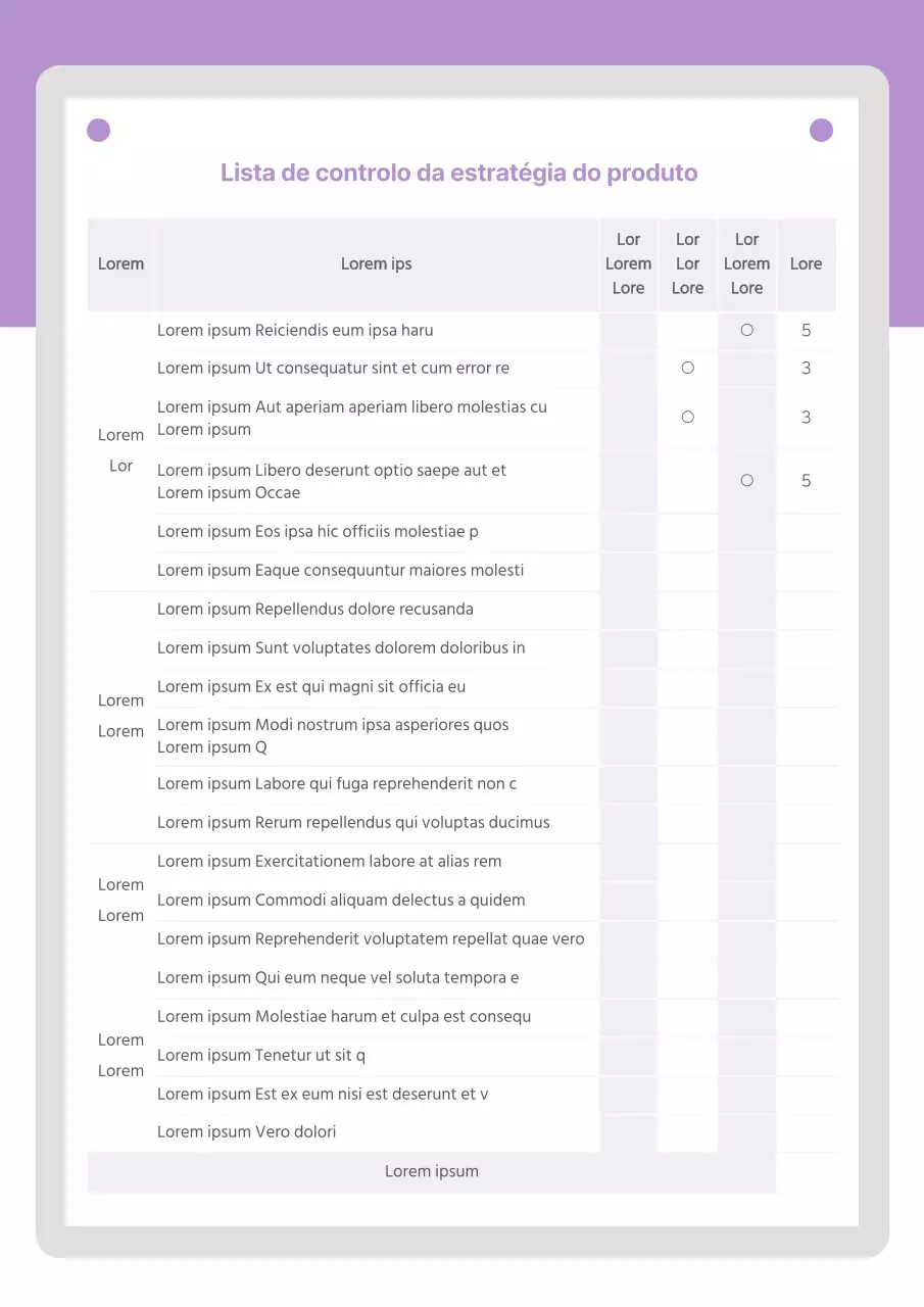 Lista de verificação da estratégia do produto em roxo Desenvolvimento do produto Concorrência do produto Documentação da lista de verificação de marketing empresarial