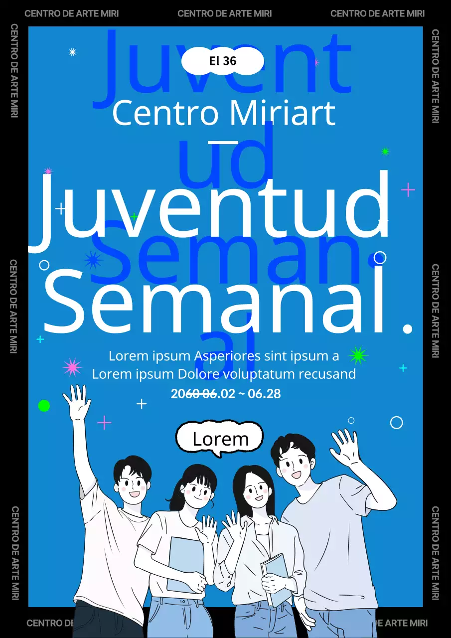 Concepto ilustrado en negro y azul de material promocional para animadoras juveniles