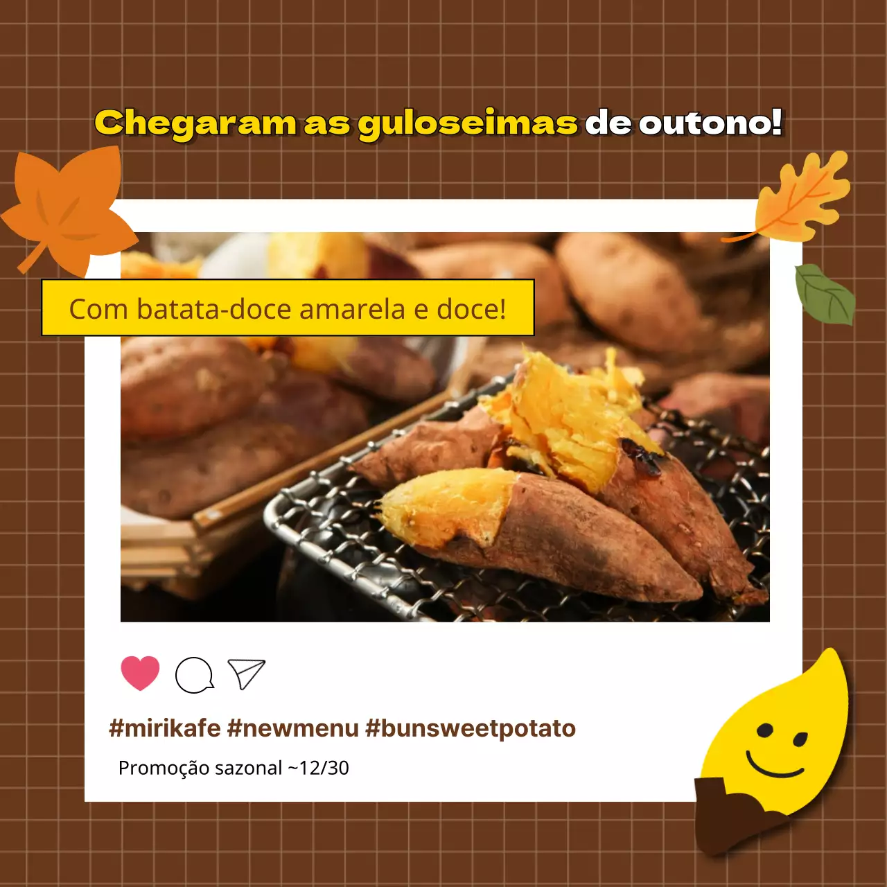 Promover a ementa de batata-doce do novo café castanho e amarelo