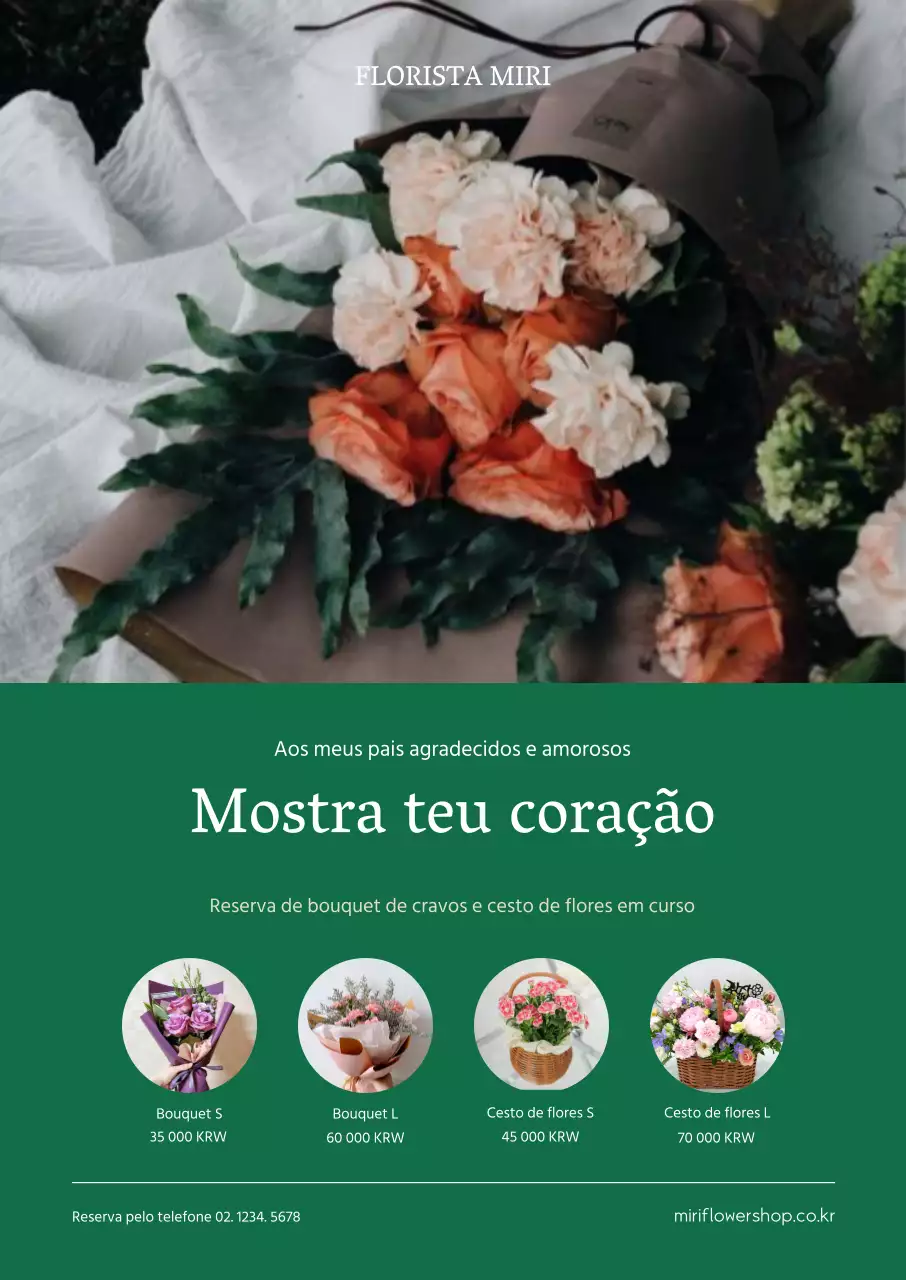 Uma promoção simples de reserva de flores com um ramo de flores sobre um fundo verde
