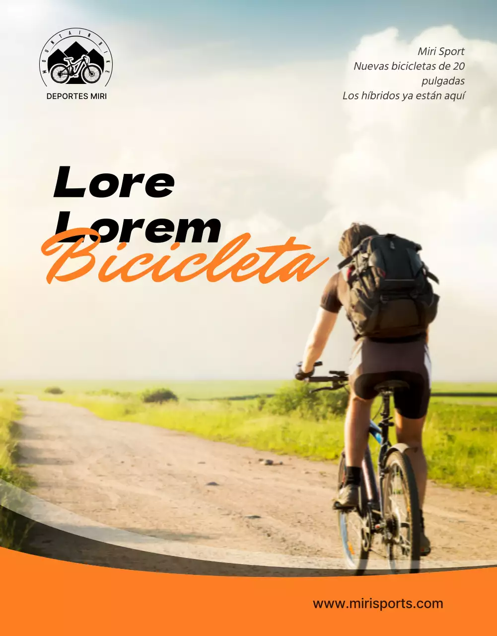Promociona la brillante, atrevida y activa bicicleta híbrida Mirisport en naranja y negro.