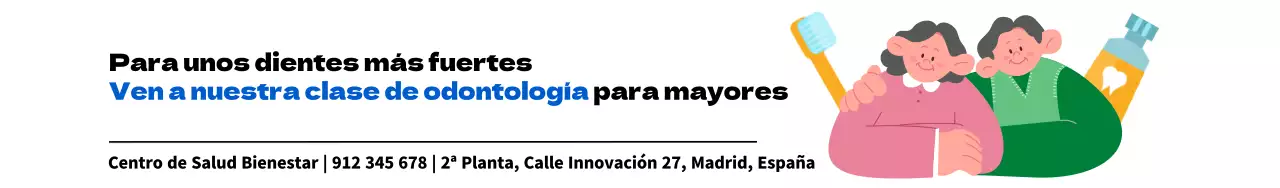 Diseñar un folleto para el centro de salud con ilustraciones de personas mayores y promoción de clases para el cuidado dental de los mayores.