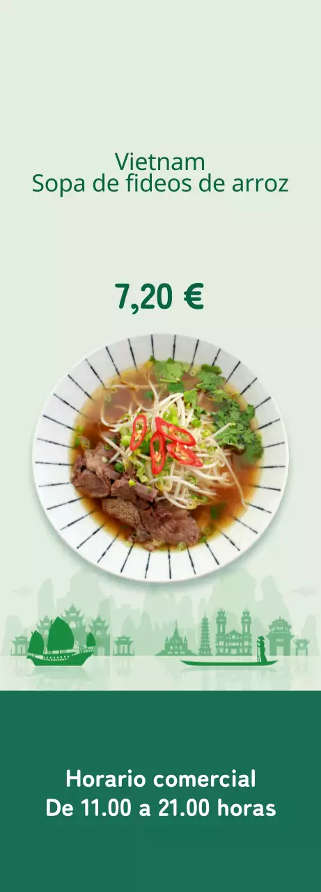 Promover un menú limpio con una imagen de fideos de arroz en un color de acento verde.
