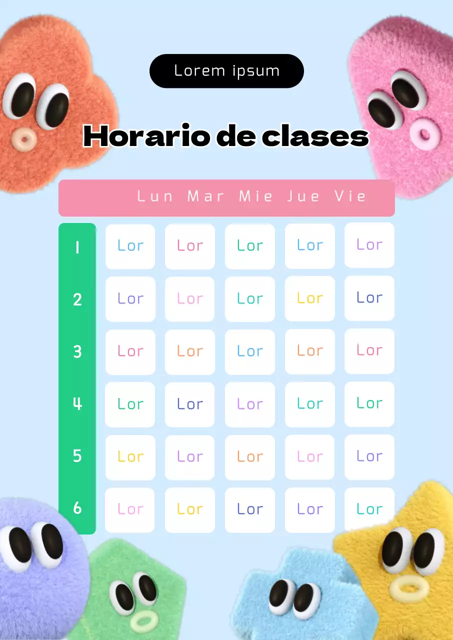 Horario de clase con caracteres de colores y texto sobre fondo azul claro