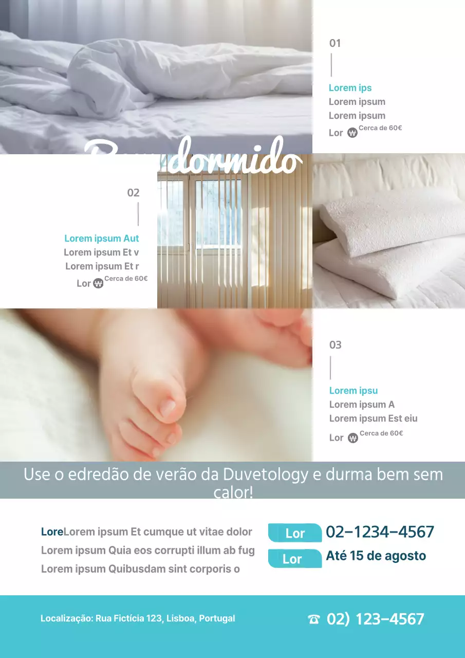 Promover uma venda de edredões de verão com fotografias de roupa de cama azul e acolhedora