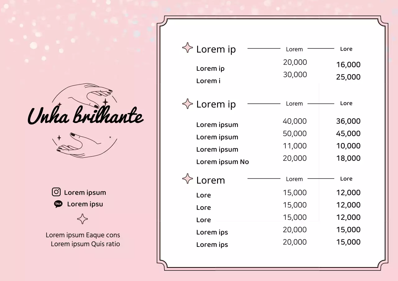 Menu de salão de beleza com ilustrações cor-de-rosa