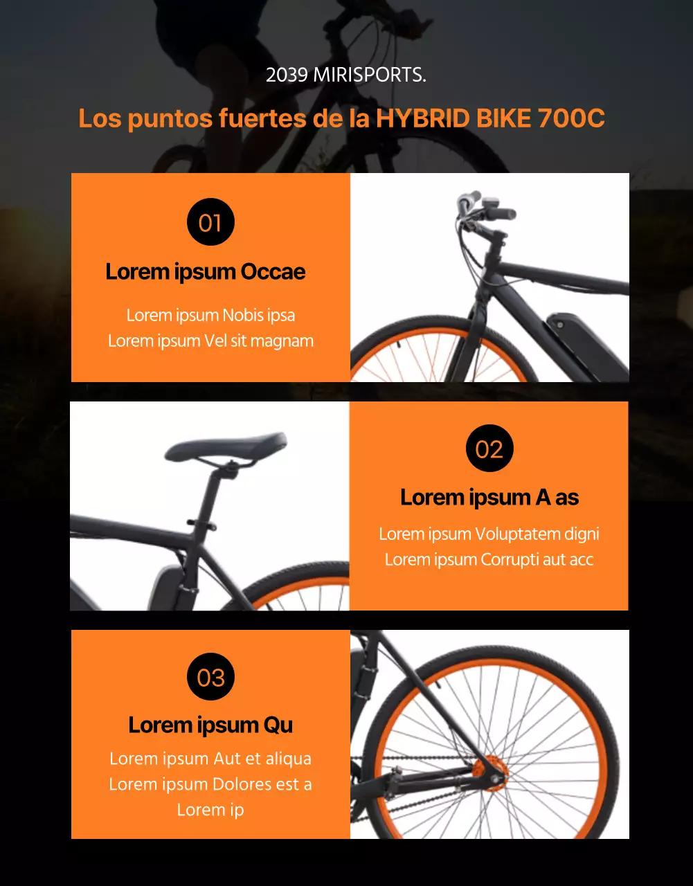 Promociona la brillante, atrevida y activa bicicleta híbrida Mirisport en naranja y negro.