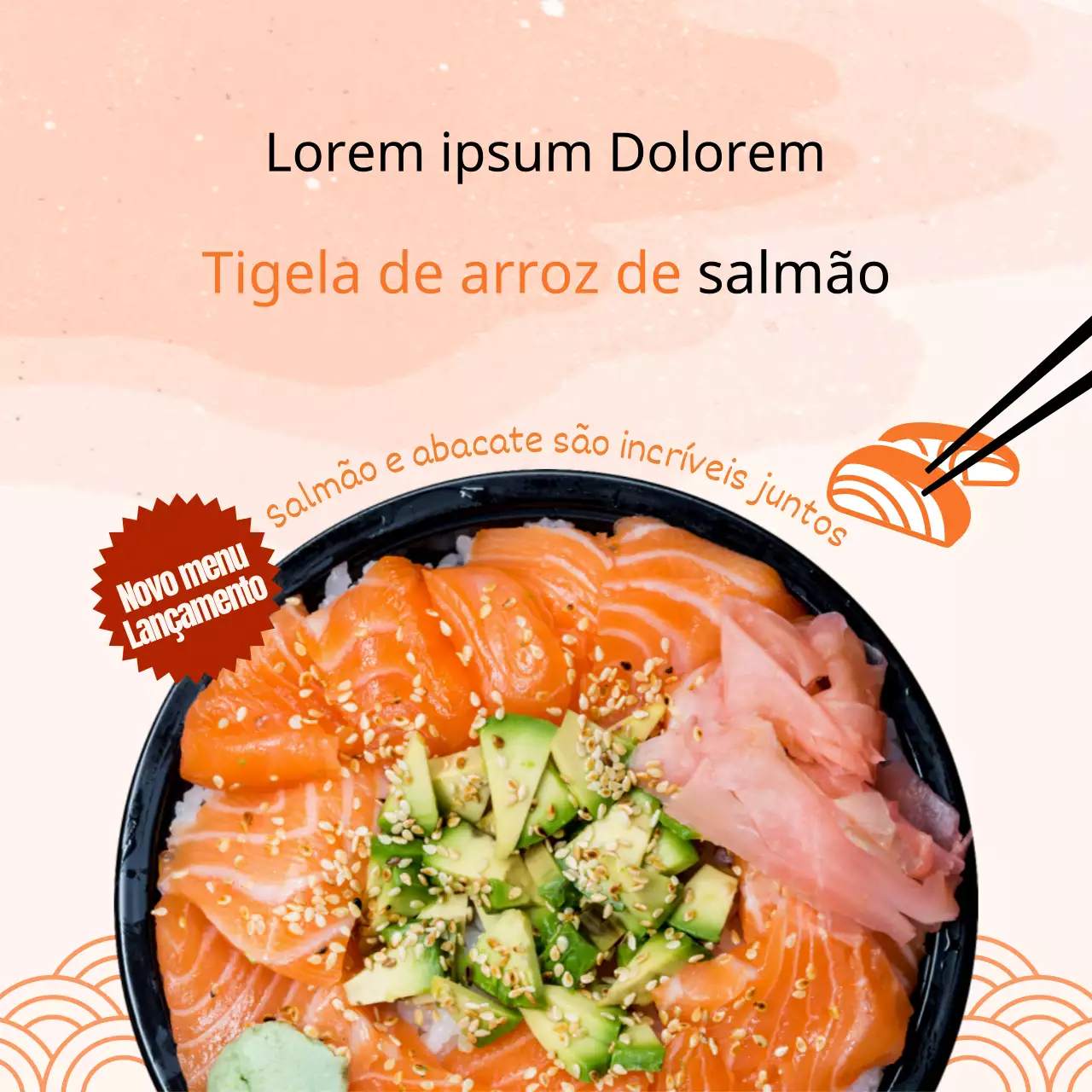 Tigela de arroz de salmão com fundo laranja no menu