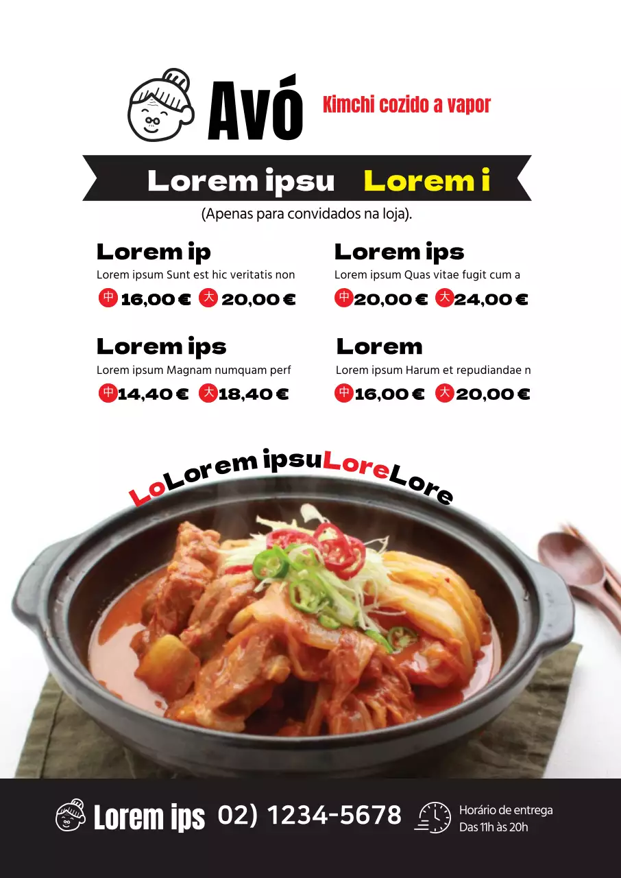 Menu de guisado de Kimchi neste restaurante limpo, branco e cheio de fotografias