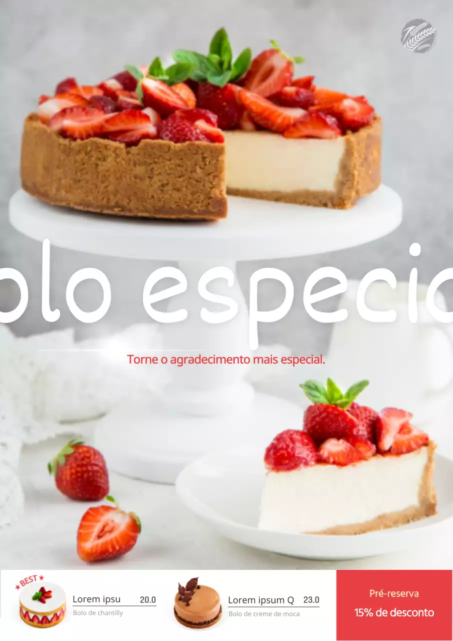 Bolo de morango vermelho com desconto de reserva