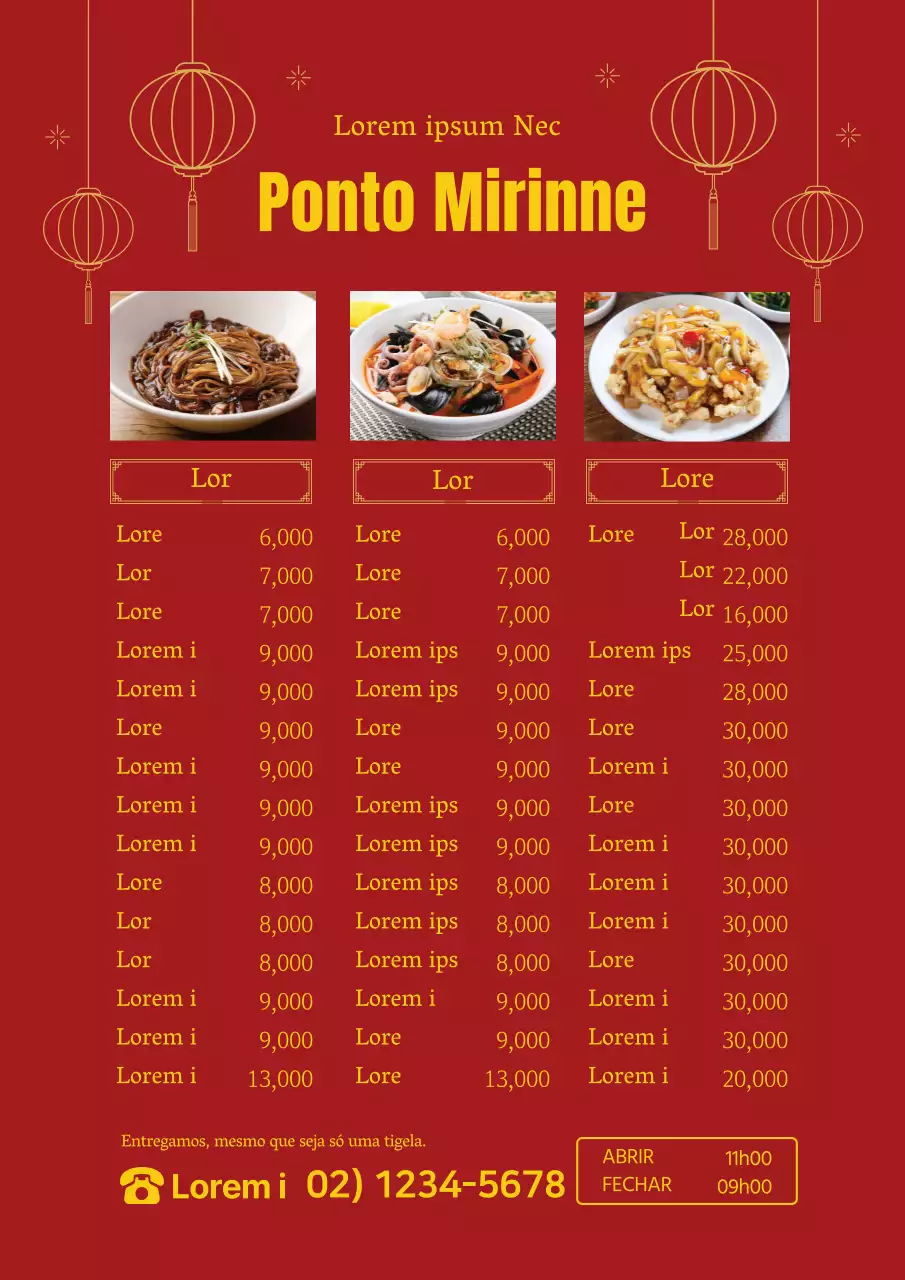 A fotografia vermelha destaca o menu chinês do restaurante oriental
