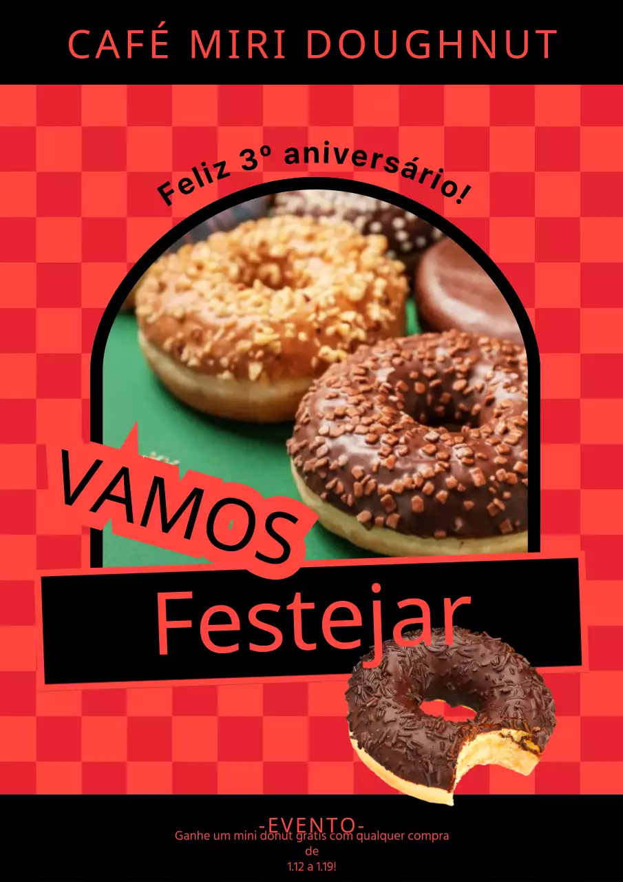 Oferta de donuts com fundo axadrezado vermelho (webposter vertical)
