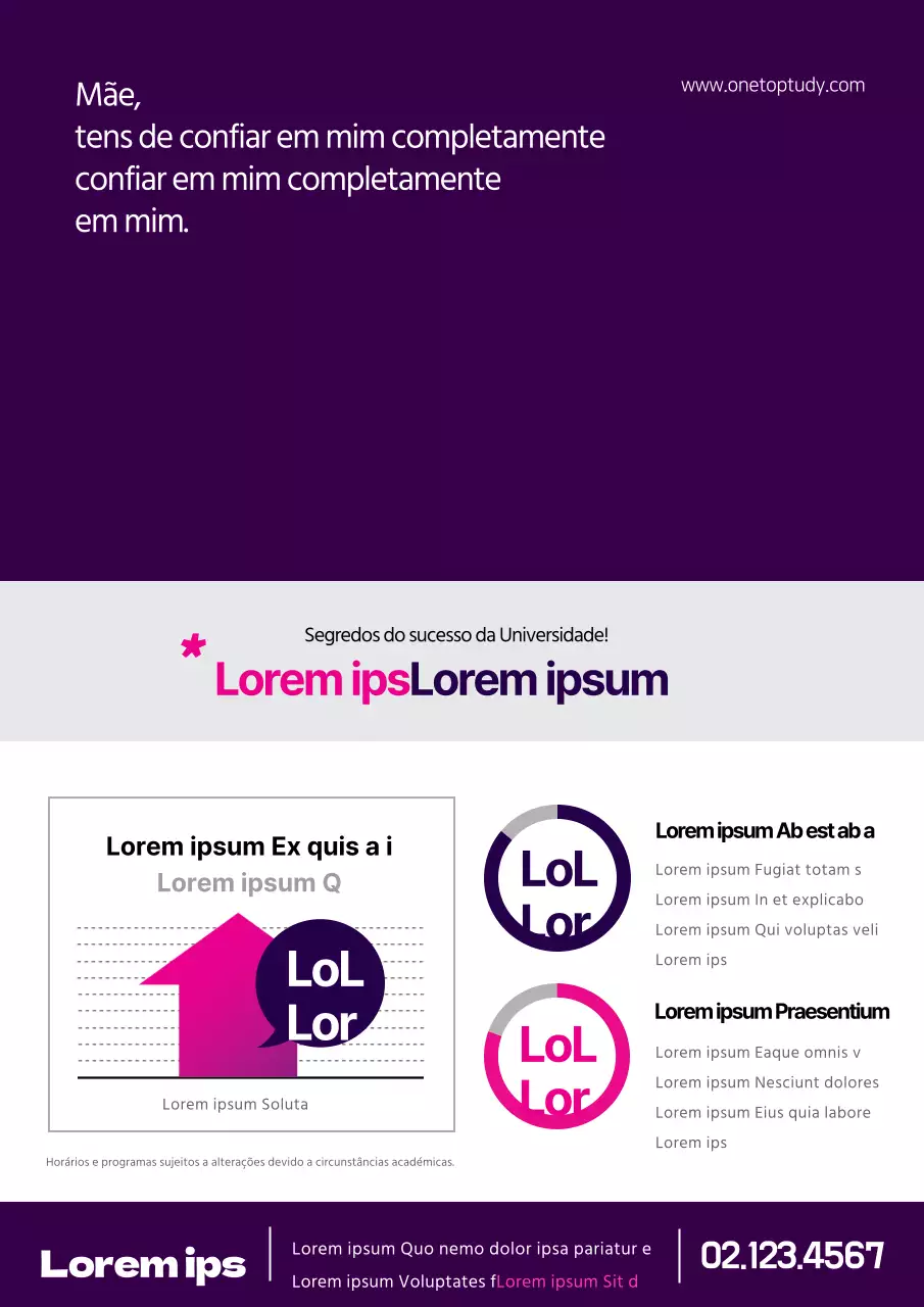 Folheto de promoção do programa da escola em roxo e cor-de-rosa