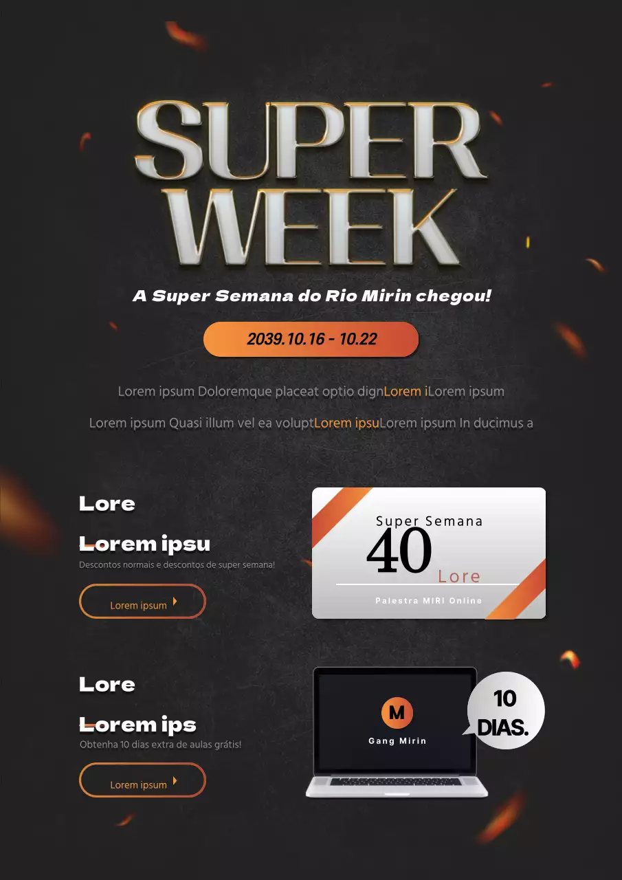 Um folheto elegante a preto e laranja que promove uma oferta de curso de Internet com desconto