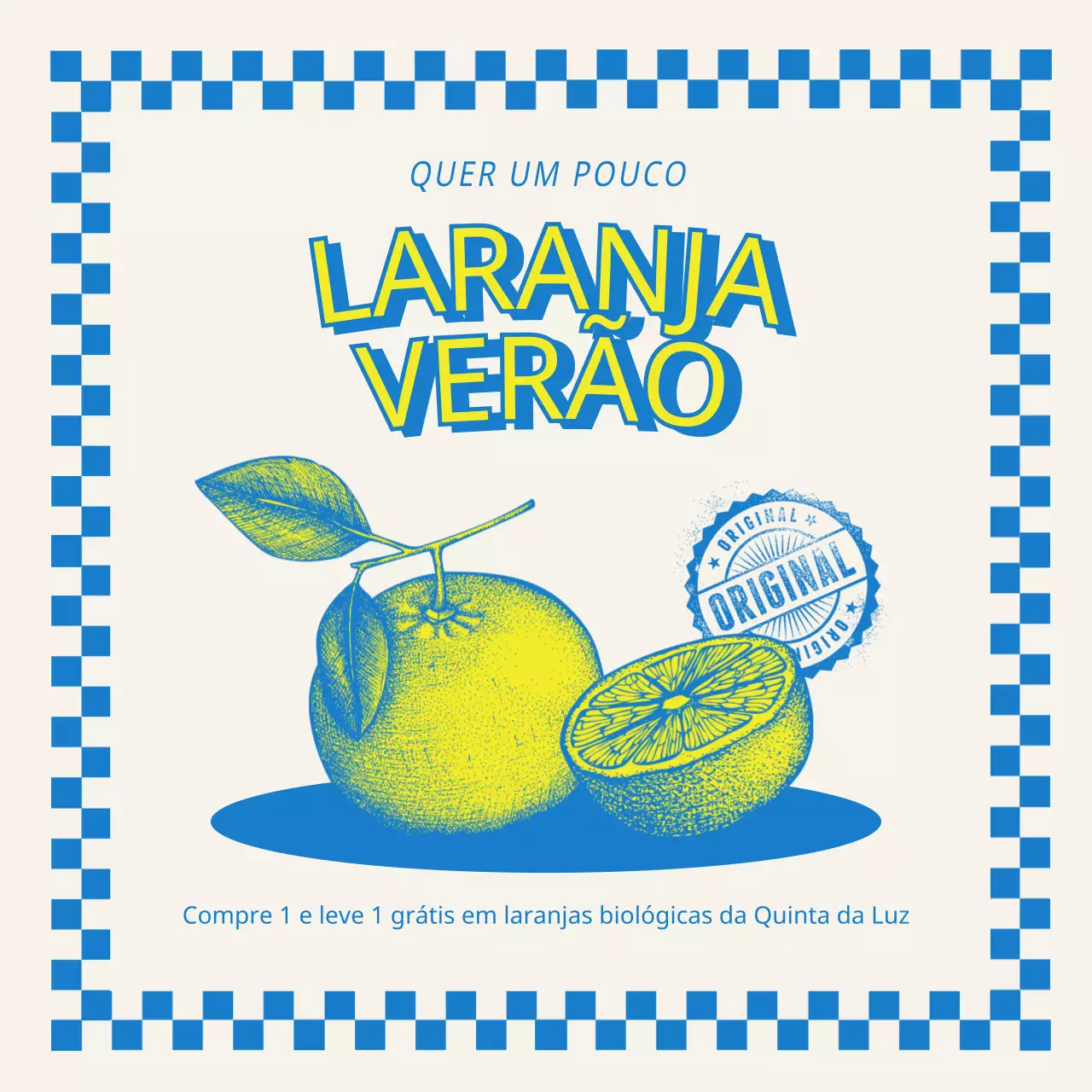 Um anúncio de venda de fruta amarelo-azul, de inspiração vintage