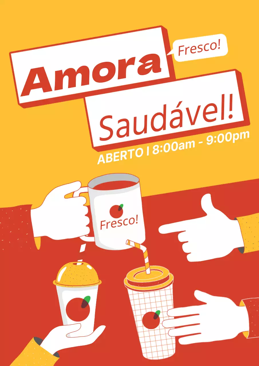 Promover um novo menu de verão com uma ilustração de uma chávena e de uma mão em azul e cor-de-rosa