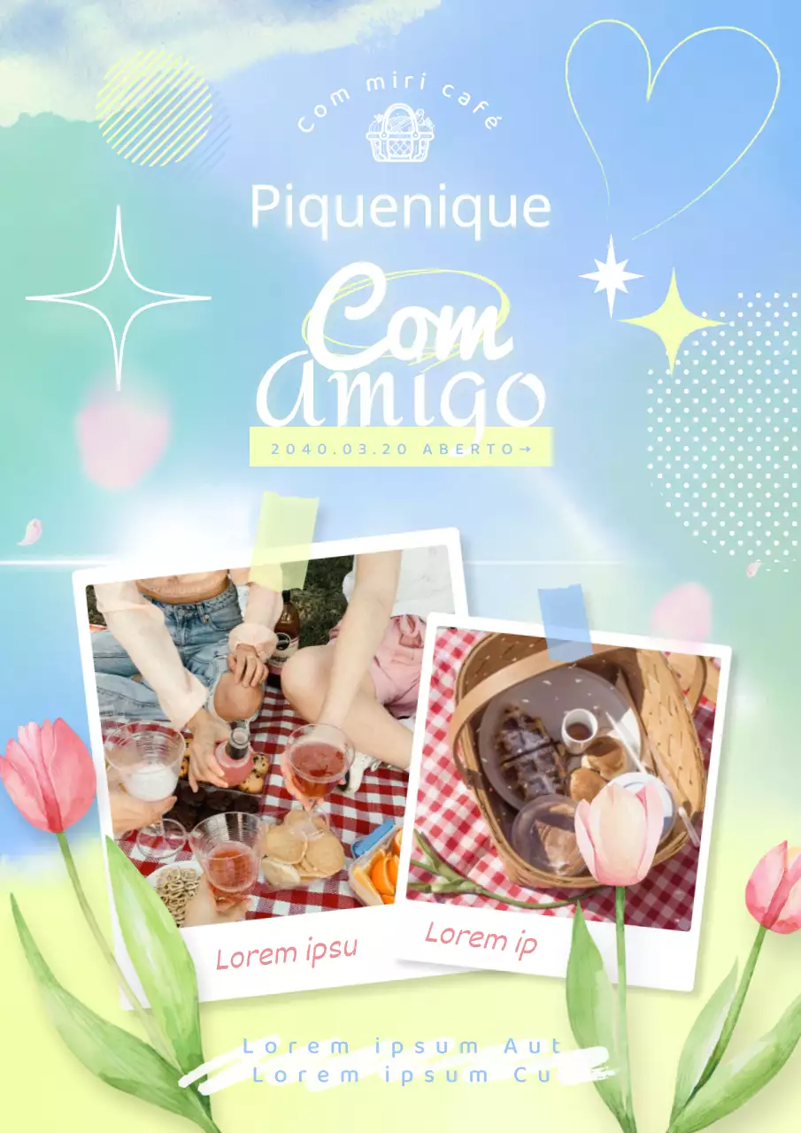 Anúncio luminoso de piquenique com tema primaveril, com cores azuis claras e amarelas