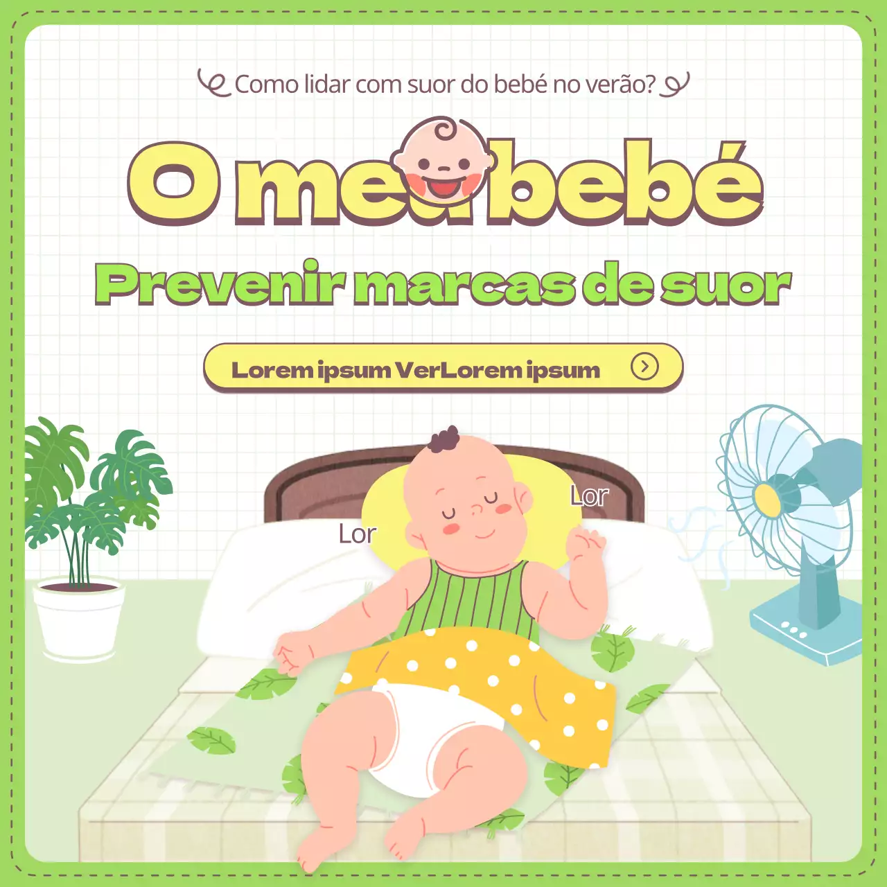 Conselhos para prevenir a irritação do bebé e recomendações para artigos para pais, ilustrados a verde claro e amarelo.