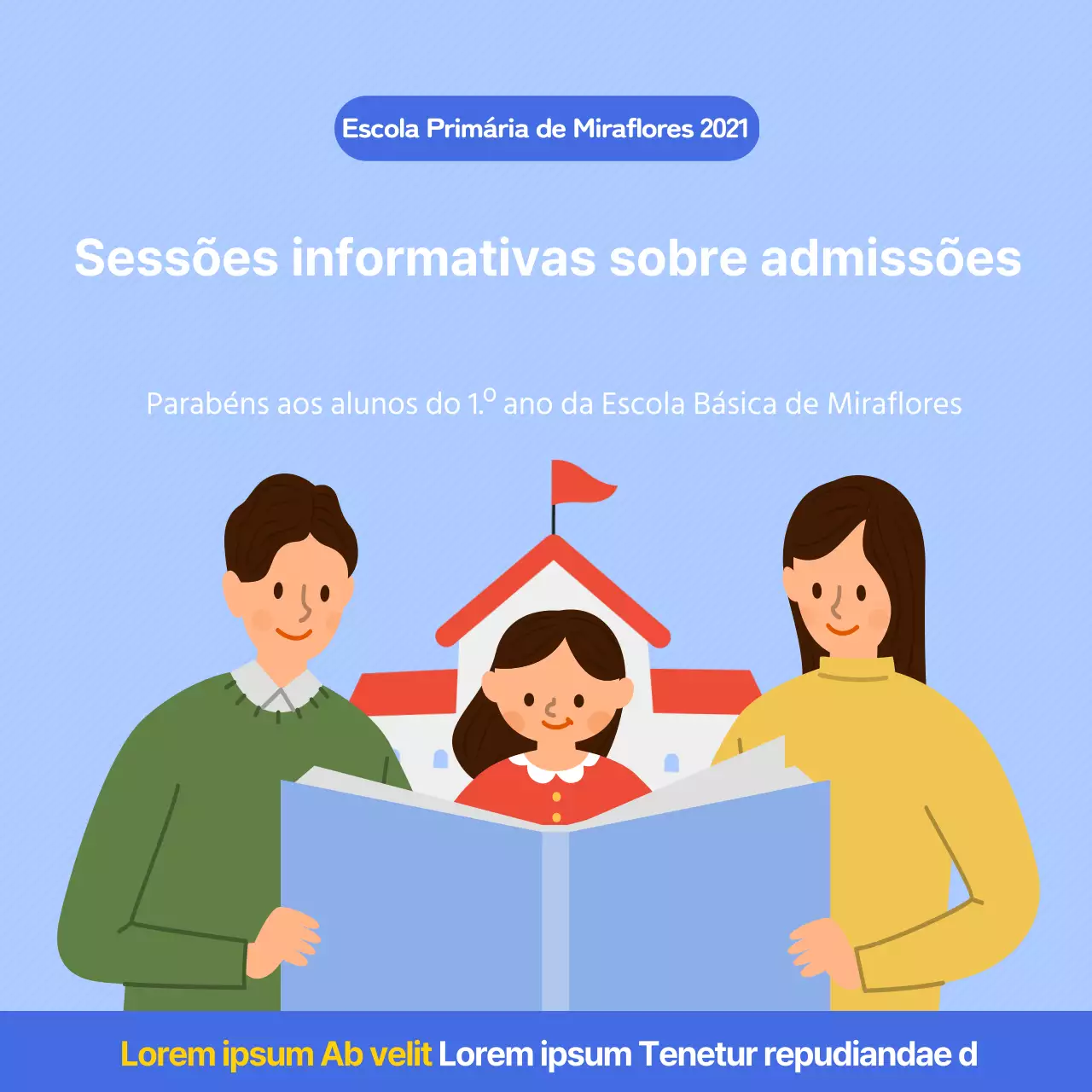 Uma sessão de informação sobre a admissão numa escola primária azul clara e limpa