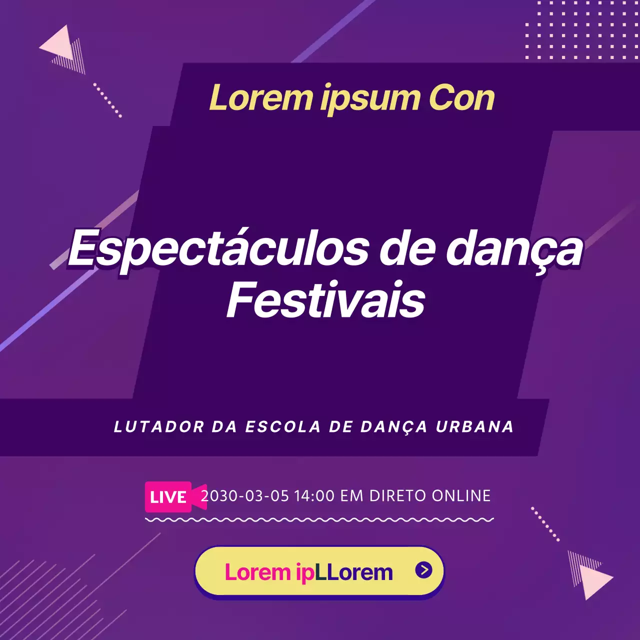 Transmissão em direto online de um espetáculo de dança com elementos gráficos roxos
