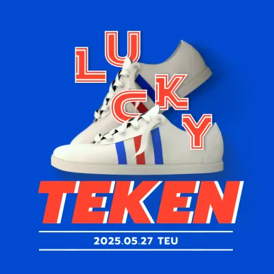 Lucky tekent instructies in rood op een blauwe achtergrond