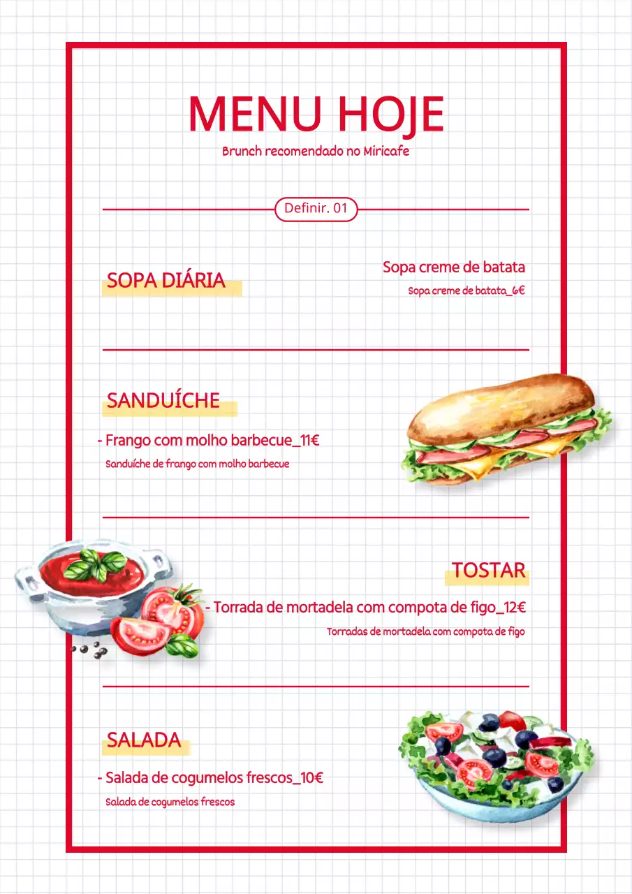 Menu de brunch ilustrado a vermelho